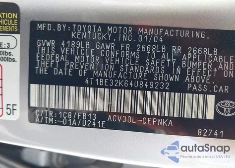 2004 Toyota Camry Le z USA, uszkodzony, nr VIN 4T1BE32K64U849232